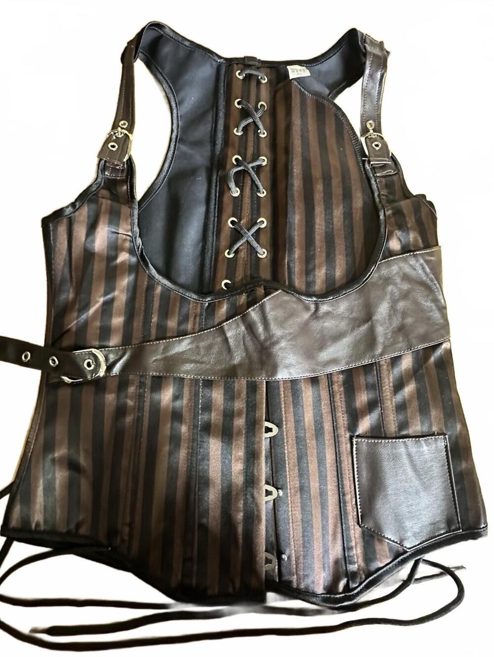 Steampunk Pirate Core Festival  Underbust Corset Vest Brown And Black Striped XL